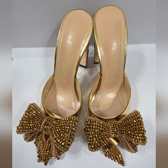 Shoes - Chic Gold Bow Mules With Multi Colored Stone Jeweled Heels